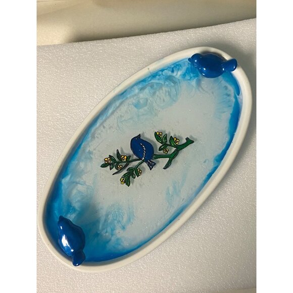 Handcrafted and Hand Painted Resin Blue Birds on an Oval Tray Cloudy Sky - Picture 2 of 7